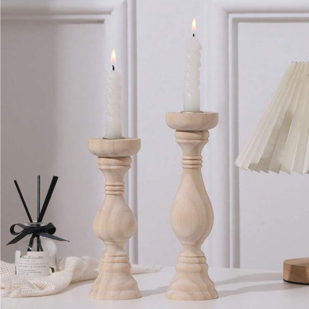 Set of 2 natural wooden candle holders